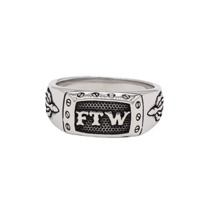Retro stainless steel FTW middle finger ring with honeycomb texture and flame carving