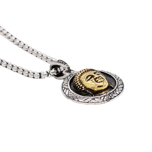 Golden Buddha head pendant on silver ball chain necklace with vintage woven border detail
