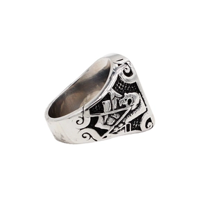 Vintage gothic men titanium steel ring with reaper skull and triangle masonic relief