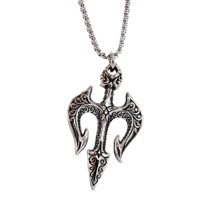Vintage silver trident shield pendant necklace with intricate engravings on square pearl chain