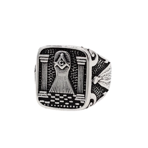Vintage silver stainless steel Freemason signet ring for men with G compass and square