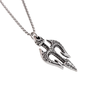 Vintage stainless steel trident shield pendant necklace for men with square box chain
