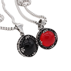 Men Retro Titanium Steel Round Gemstone Pendant Personalized Geometric Engraved Jewelry Gift Black Red Stone Pendant Only