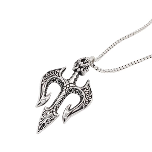 Retro trident pendant necklace with vintage engraving and ball chain in silver finish