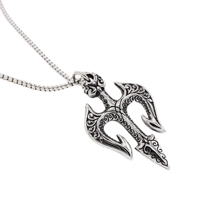 Vintage trident pendant necklace in antique silver steel with intricate floral engraving