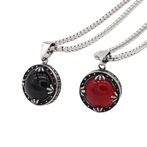 Retro round gemstone pendant necklace in black and red with vintage titanium steel chain