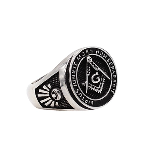 Vintage stainless steel Freemasonry signet ring with compass and square G symbol
