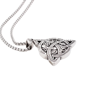 Vintage silver Viking triangle pendant necklace with mystic symbols shown from a 45-degree angle