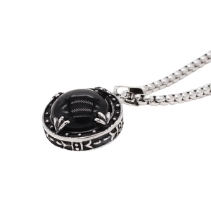 Vintage stainless steel necklace with round black gemstone pendant and tribal engraving