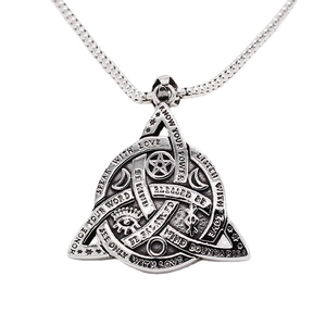 Retro triangle viking pendant necklace in vintage steel with celestial star and moon engravings