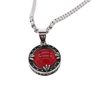 Vintage silver titanium steel necklace with a round red gemstone pendant on a box chain
