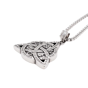 Vintage Triquetra triangle pendant necklace with engraved mystic symbols and box chain