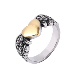 Retro Stainless Steel Angel Wings Heart Ring Vintage Gold Silver Two-Tone Heart Wing Finger Band Ring Jewelry For Men Women