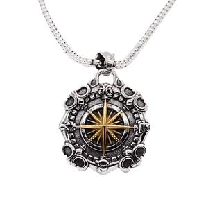 Retro stainless steel compass pendant necklace with gold star and silver compass carvings