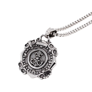 Retro compass star steel pendant necklace with silver fleur-de-lis and box chain links