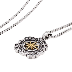 Retro compass pendant necklace for men featuring gold star in silver stainless steel