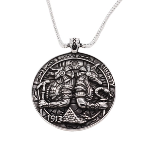 Vintage Egyptian Anubis pharaoh coin pendant necklace in oxidized stainless steel