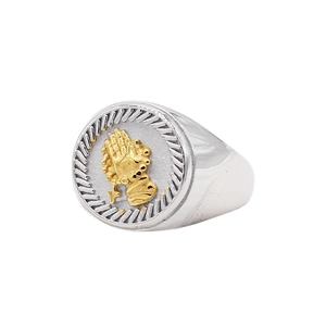 Bague Chevalière Vintage en Acier Titane avec Mains en Prière pour Hommes Plaqué Or Croix Religieuse Relief Bijoux de Mode