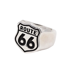 Vintage stainless steel Route 66 shield ring with black enamel for men in hip hop style