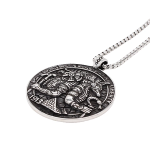 Retro Egyptian Pharaoh Anubis coin pendant necklace in silver stainless steel on white background