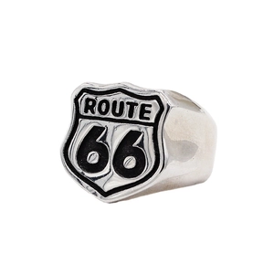 Vintage Route 66 signet ring in silver stainless steel with black enamel detailing