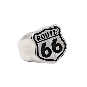 Retro Route 66 shield sign signet ring for men in polished stainless steel