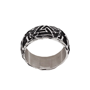 Vintage Viking Valknut triangle ring for men in antique stainless steel with rock texture