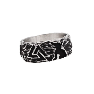 Vintage Viking Valknut triangle ring in retro silver stainless steel with Nordic engraving