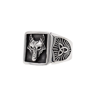 Vintage Viking wolf head ring in stainless steel with Celtic knot side details