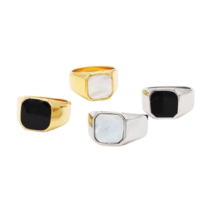 Chevalière Octogonale Minimaliste en Acier Titane pour Hommes Femmes Incrustation Coquille Émail Noir Bijoux Géométriques Polis