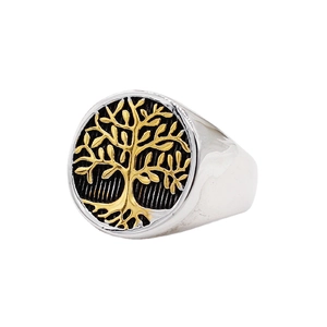 Anello con Sigillo Albero della Vita Vintage per Uomo Acciaio Inossidabile Bicolore Argento Oro Goffrato Punk Band Anello