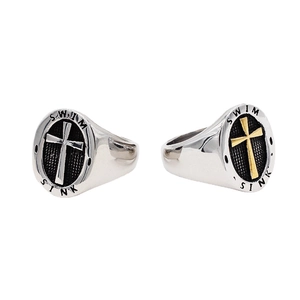 Vintage Titanium Steel Men Signet Ring Embossed Cross Swim Sink Letter Oval Punk Ring For Men Retro Daily Jewelry