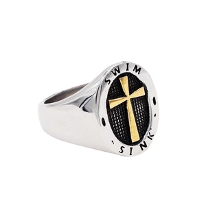 Vintage stainless steel cross signet ring for men featuring Swim and Sink engraving