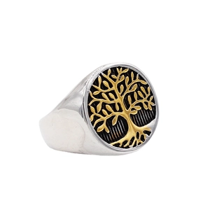 Anello con sigillo Albero della Vita vintage da uomo in acciaio argento e oro