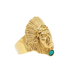 Anello indiano vintage placcato oro con pietra turchese e dettagliate piume incise