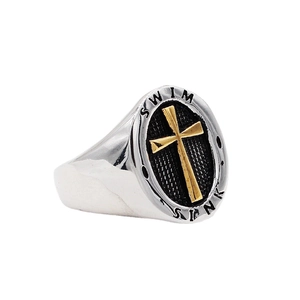 Vintage stainless steel cross ring with black mesh texture and Swim or Sink engraving