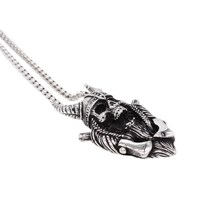 Retro silver Viking skull pendant necklace with horned helmet and steel box chain
