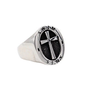 Retro stainless steel men's signet ring with silver cross and SWIM SINK engraving
