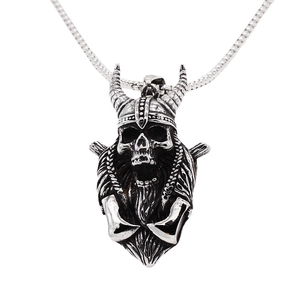 Vintage gothic men's necklace with skull viking helmet and crossed axes pendant