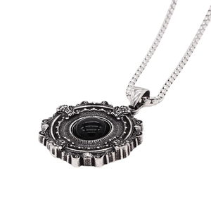 Vintage Gothic silver pendant necklace with black gemstone and engraved details