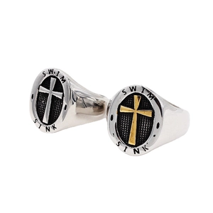 Vintage cross signet rings for men in silver and gold steel with swim sink engraving