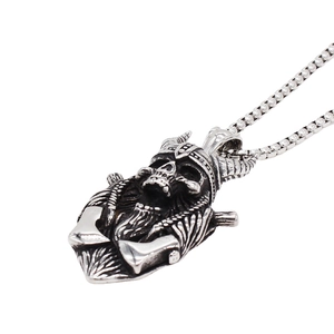 Vintage viking skull and cross axes pendant necklace in retro oxidized steel finish