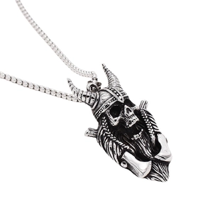 Retro Viking skull necklace with horned helmet pendant in distressed silver finish