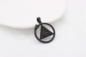 Detail of black Eye of Providence pendant with Ouroboros symbol in stainless steel