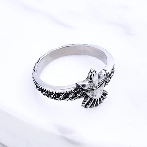 Vintage stainless steel eagle ring with detailed wings and an antique silver finish