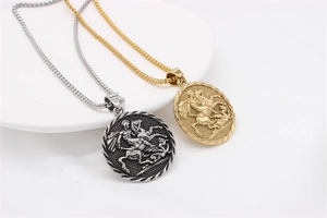Macro detail of gold and silver vintage knight coin pendants with St. George engraving