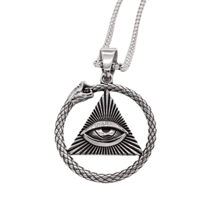 Vintage stainless steel necklace with Ouroboros snake and all-seeing eye triangle pendant