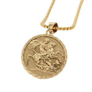 Golden St. George and the Dragon pendant necklace with embossed details and box chain