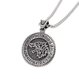 Vintage Stainless Steel Viking Wolf Head Pendant Necklace Nordic Rune Runic Symbol Medallion Antique Silver Jewelry For Men