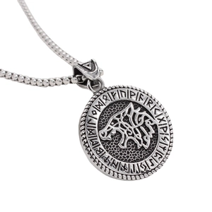 Retro Viking wolf pendant necklace in silver stainless steel with runic circle detail